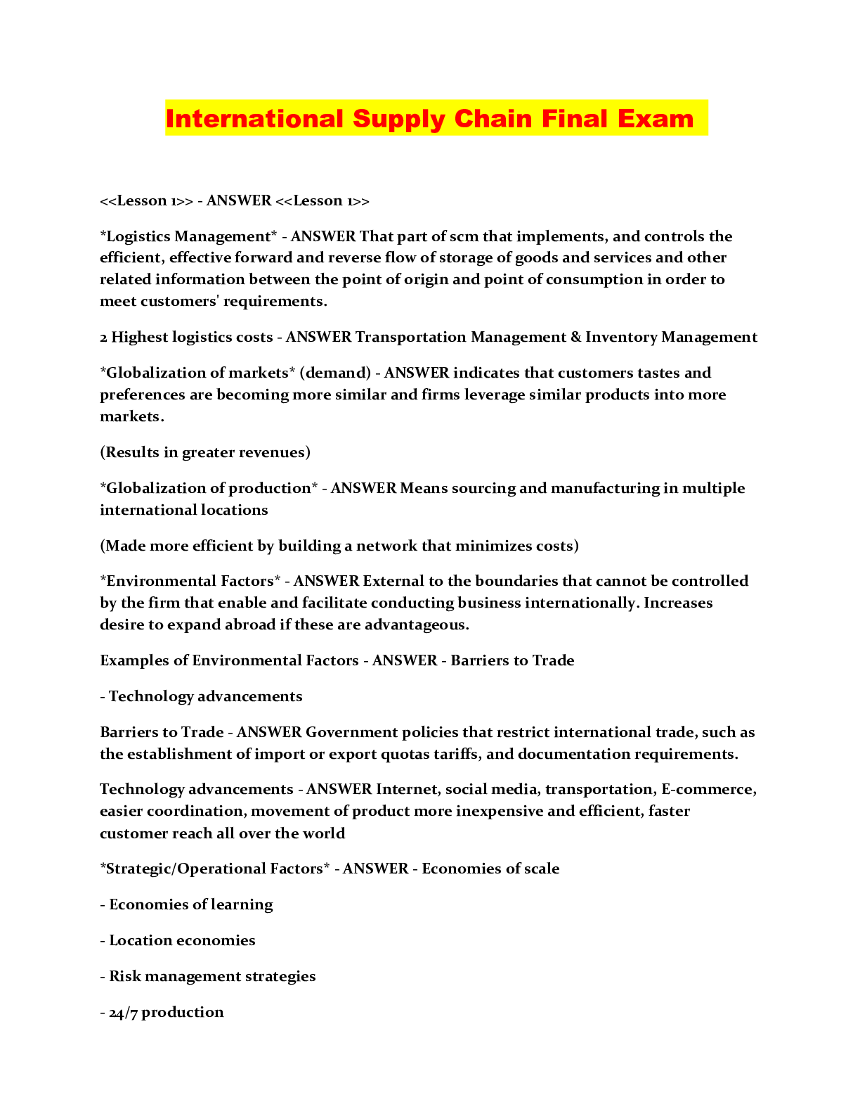 International Supply Chain Final Exam Browsegrades